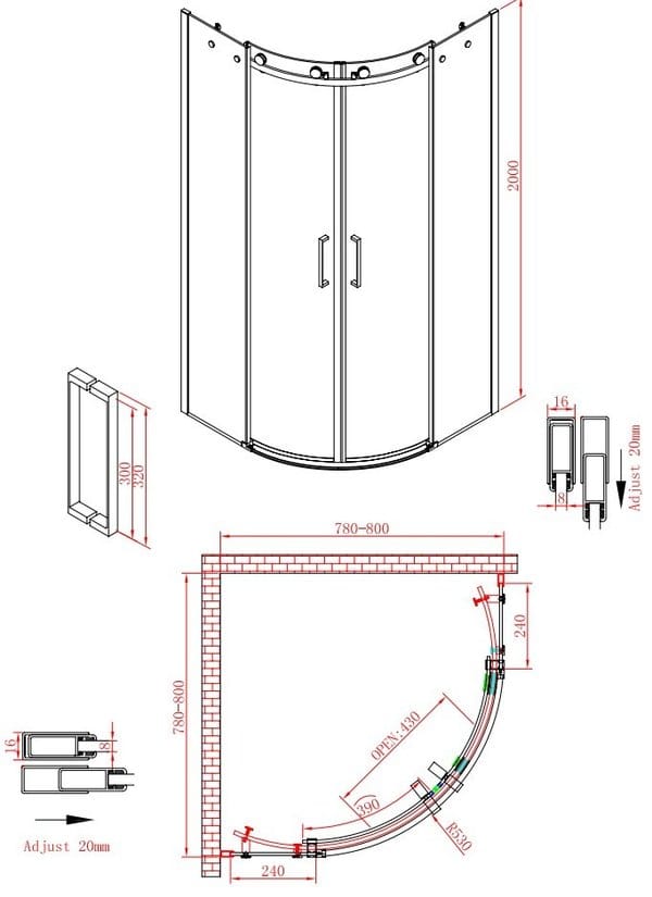 Kwart ronde douchecabine 80 x 80 x 200 cm met luxe rollers - Afbeelding 3